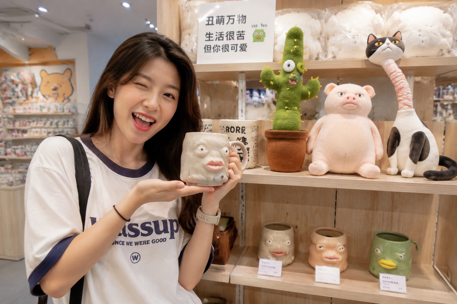 Young Chinese woman laughing while holding an ugly-cute mug in a store full of quirky plush toys and ceramics
