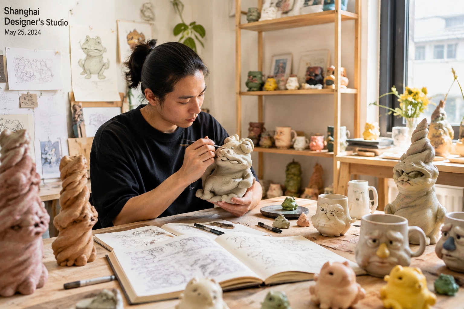 Designer working on a distorted frog ceramic figurine inside a cluttered Chinese design studio with many ugly-cute prototypes