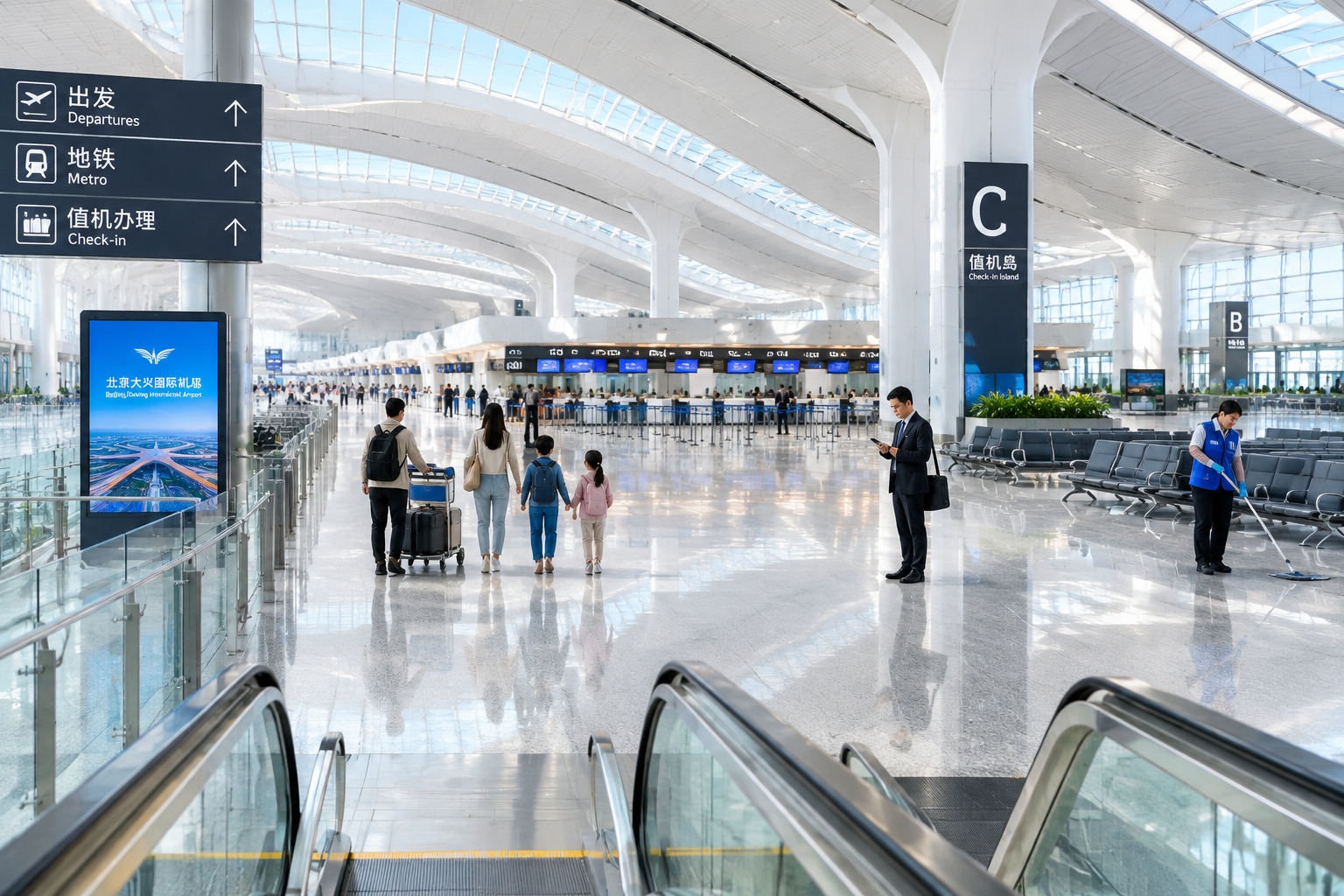 Travellers with luggage walking through the vast white departure hall of Beijing Daxing International Airport in the early morning