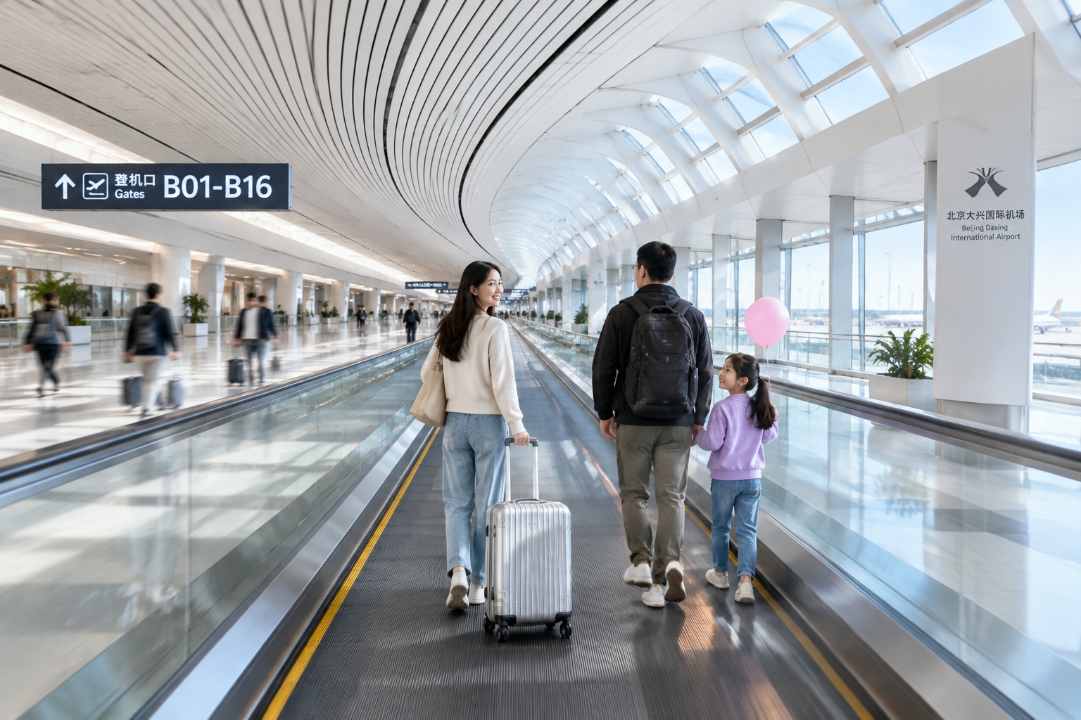 Travellers on a moving walkway inside one of the five long radial concourses at Beijing Daxing International Airport