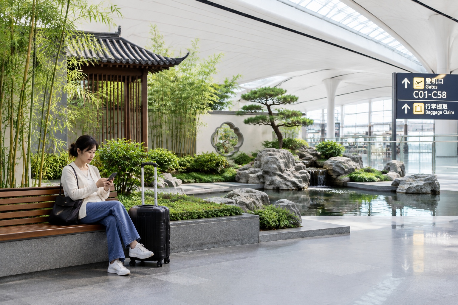 Passenger resting on a bench in an indoor Chinese courtyard garden at the end of a concourse at Beijing Daxing International Airport