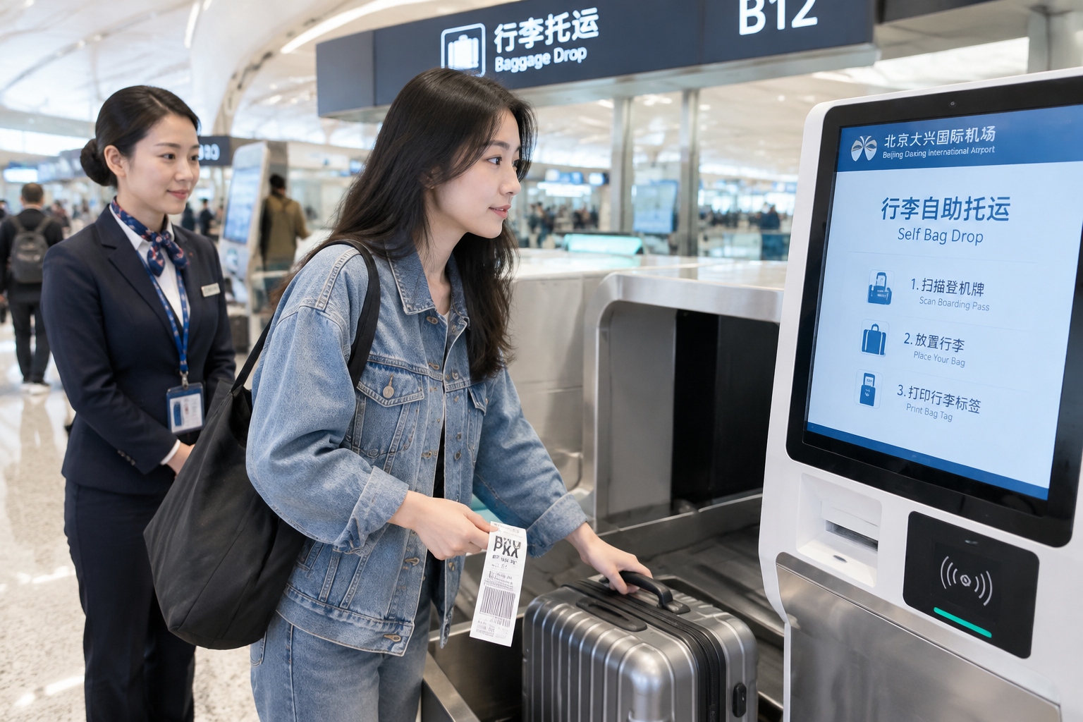 Passenger using a self-service bag drop kiosk and RFID luggage tag at Beijing Daxing International Airport