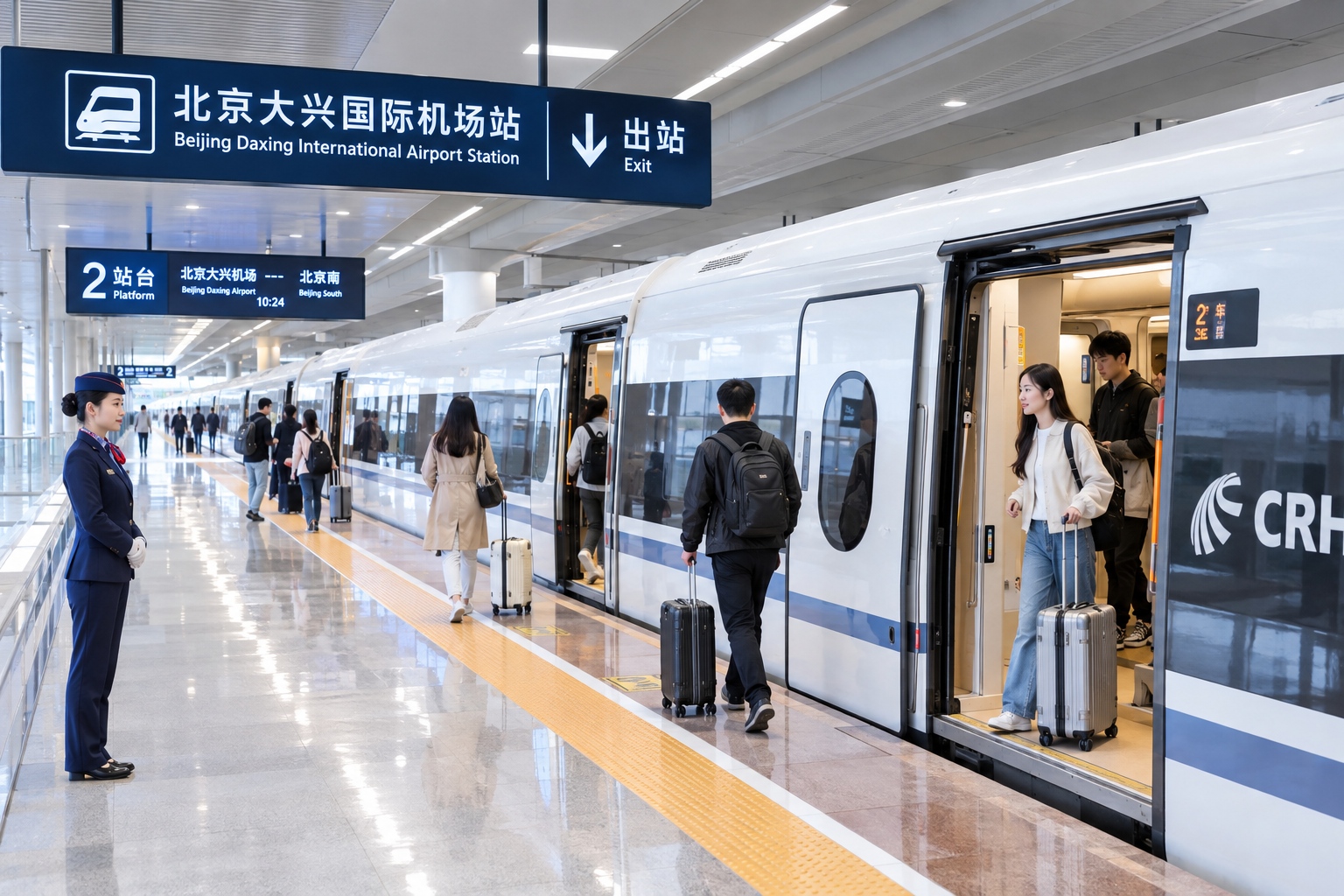 Passengers with suitcases boarding an intercity train at the underground railway station beneath Beijing Daxing International Airport