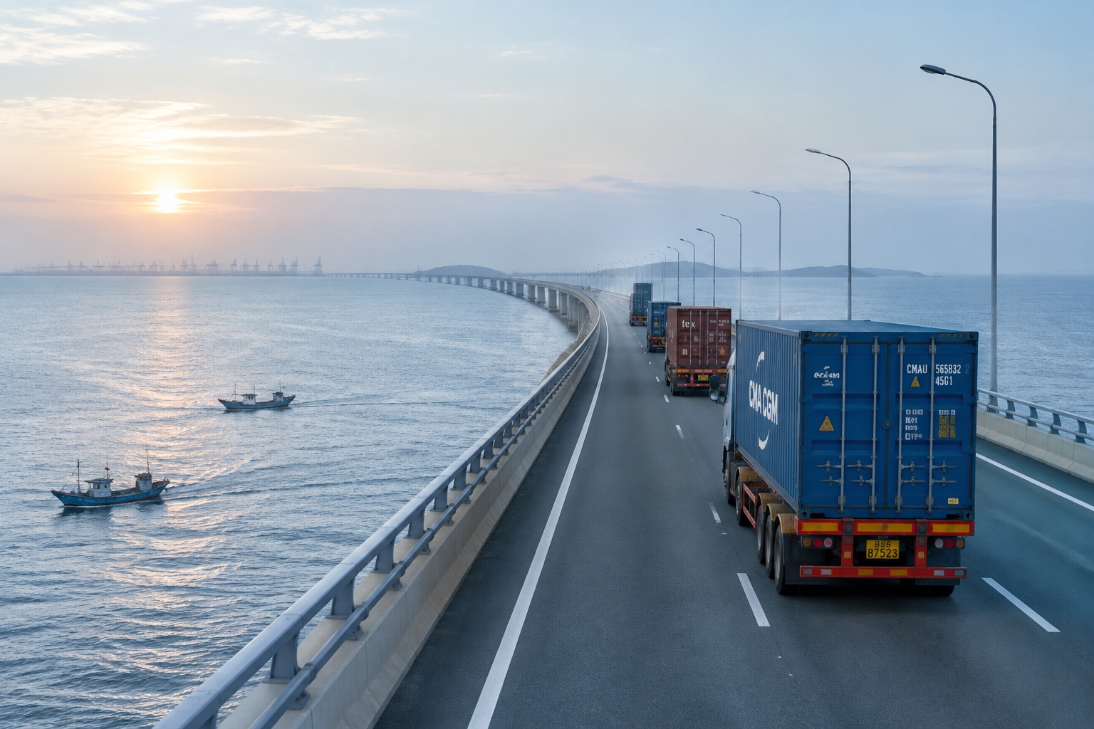 Container trucks driving east across the 32.5-kilometre Donghai Bridge toward Yangshan Deep-Water Port at dawn, with open sea on both sides.