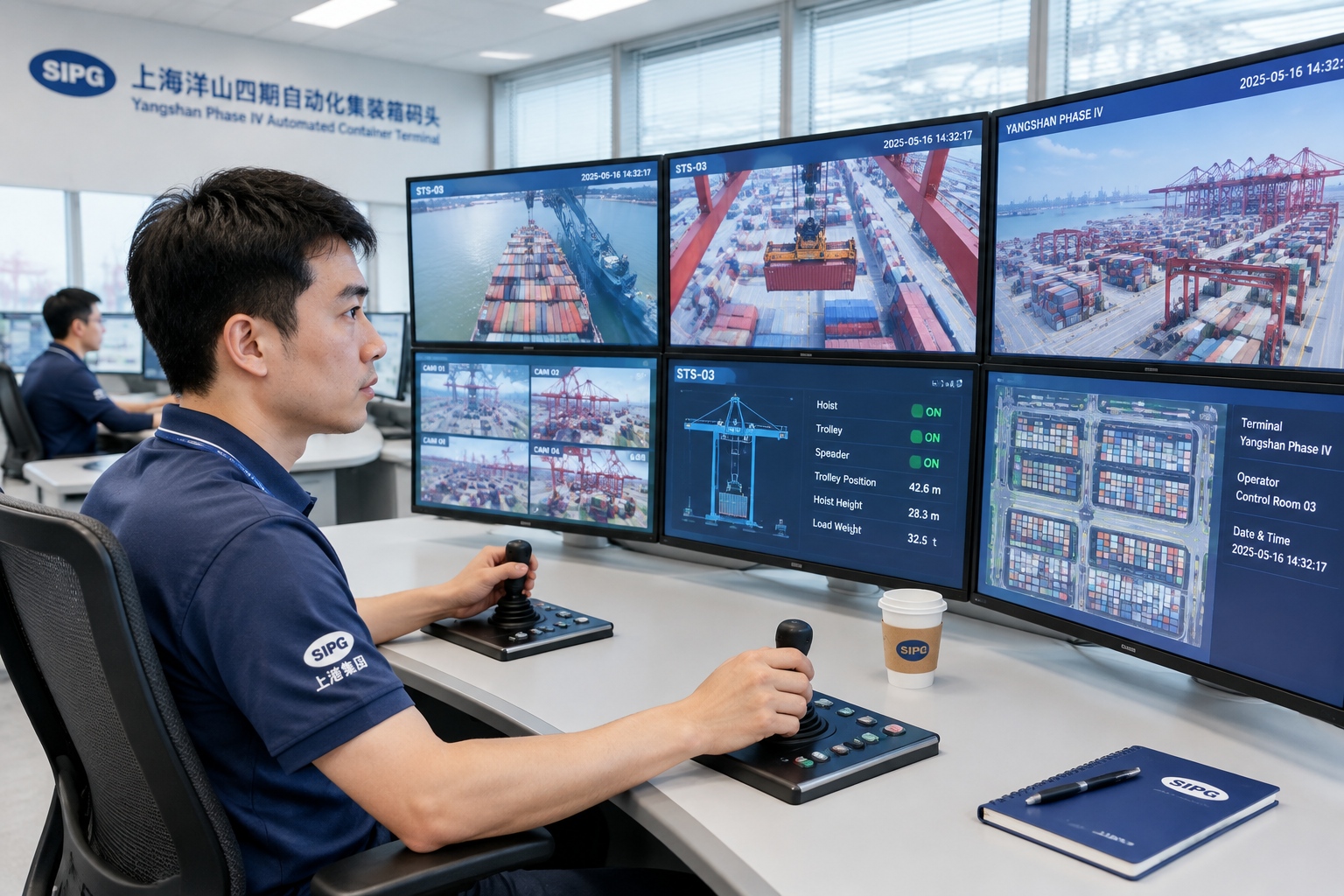 Remote crane operator at Yangshan automated container terminal controlling a ship-to-shore crane with joysticks while watching live camera feeds on a wall of monitors.