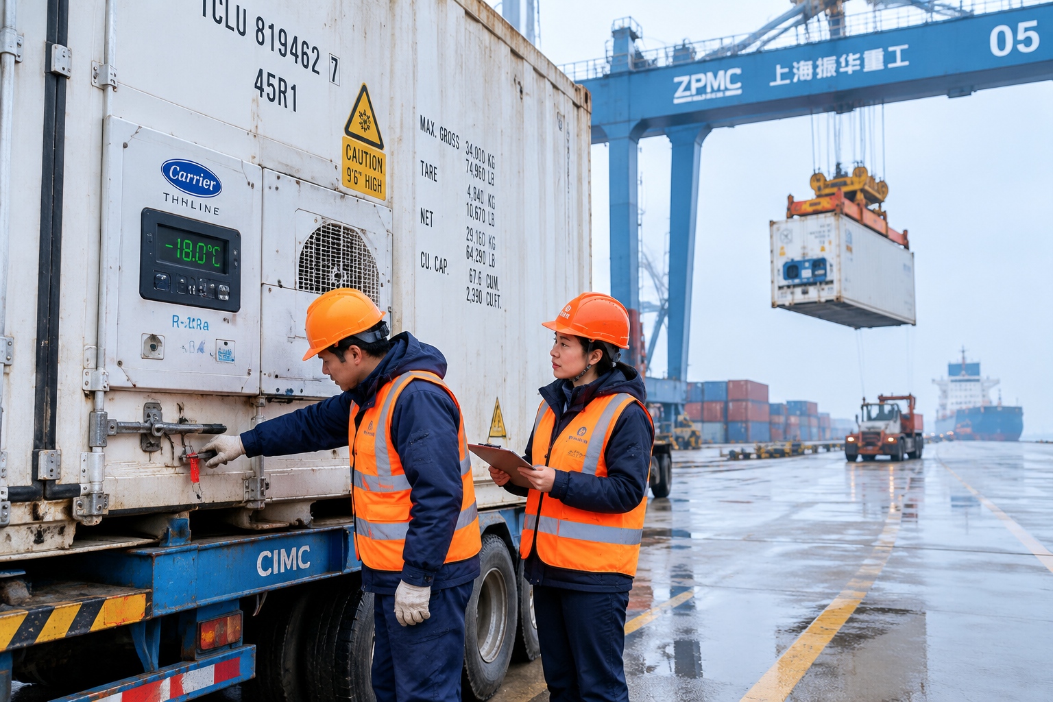 Dockworkers in high-visibility vests checking a refrigerated container of imported fruit at Yangshan port while a gantry crane lowers another container behind them.