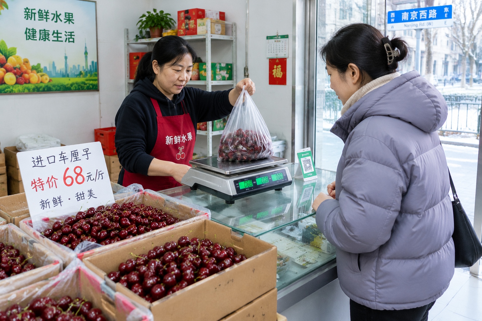 Shopkeeper weighing imported cherries for a customer in a small Shanghai neighbourhood fruit shop, with boxes of cherries stacked by the door.