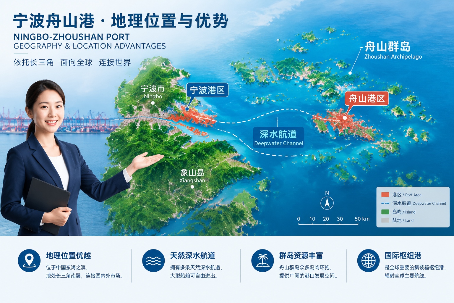 Map showing Ningbo-Zhoushan Port's deepwater coastline and shipping channels among the Zhoushan Islands.
