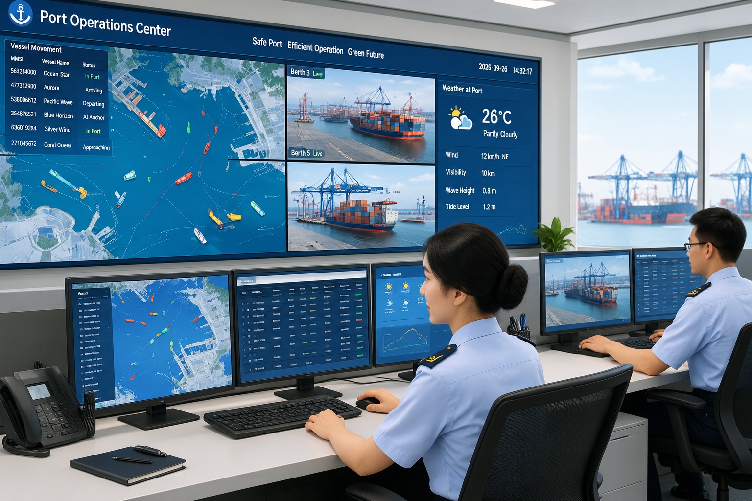 Port dispatchers monitoring ship traffic and crane operations at Ningbo-Zhoushan Port.