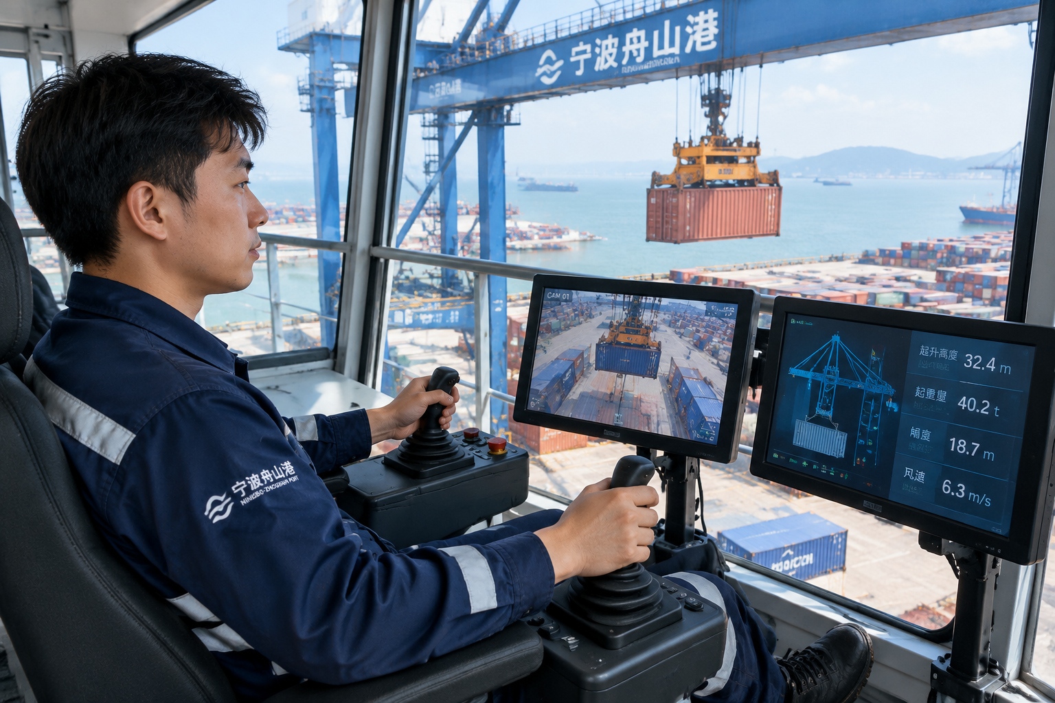 A remote crane operator controlling container movements at Ningbo-Zhoushan Port.