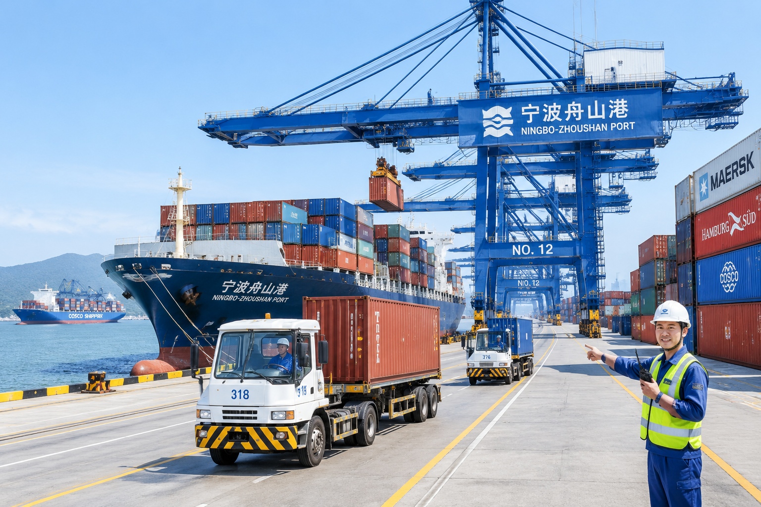 Busy container terminal at Ningbo-Zhoushan Port with ships and trucks.