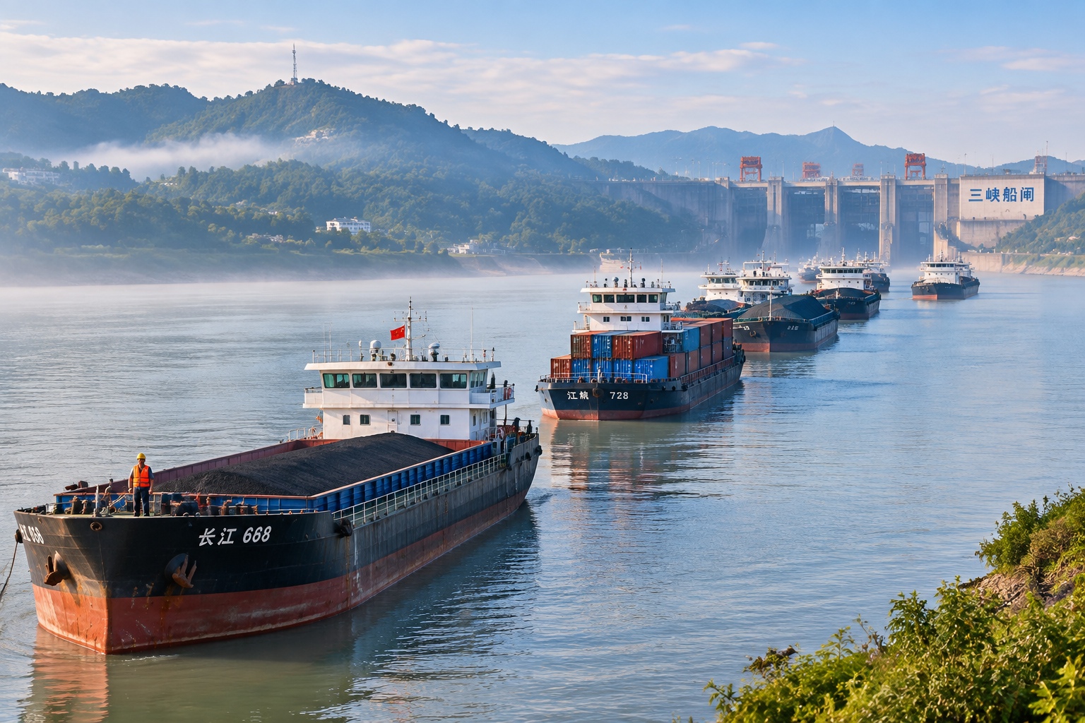 Cargo ships queue at dawn in the approach channel of the Three Gorges ship lock near Yichang on the Yangtze River