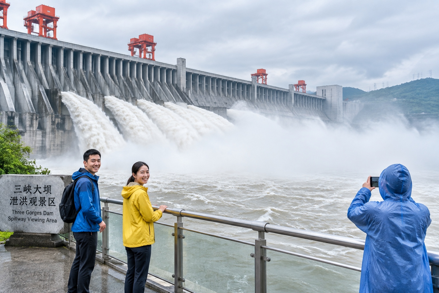Water is released through the spillway of the Three Gorges Dam while visitors watch from the downstream observation deck