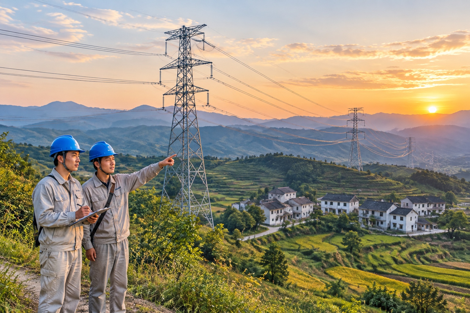 High-voltage power lines carrying electricity from the Three Gorges hydropower station across hills in central China