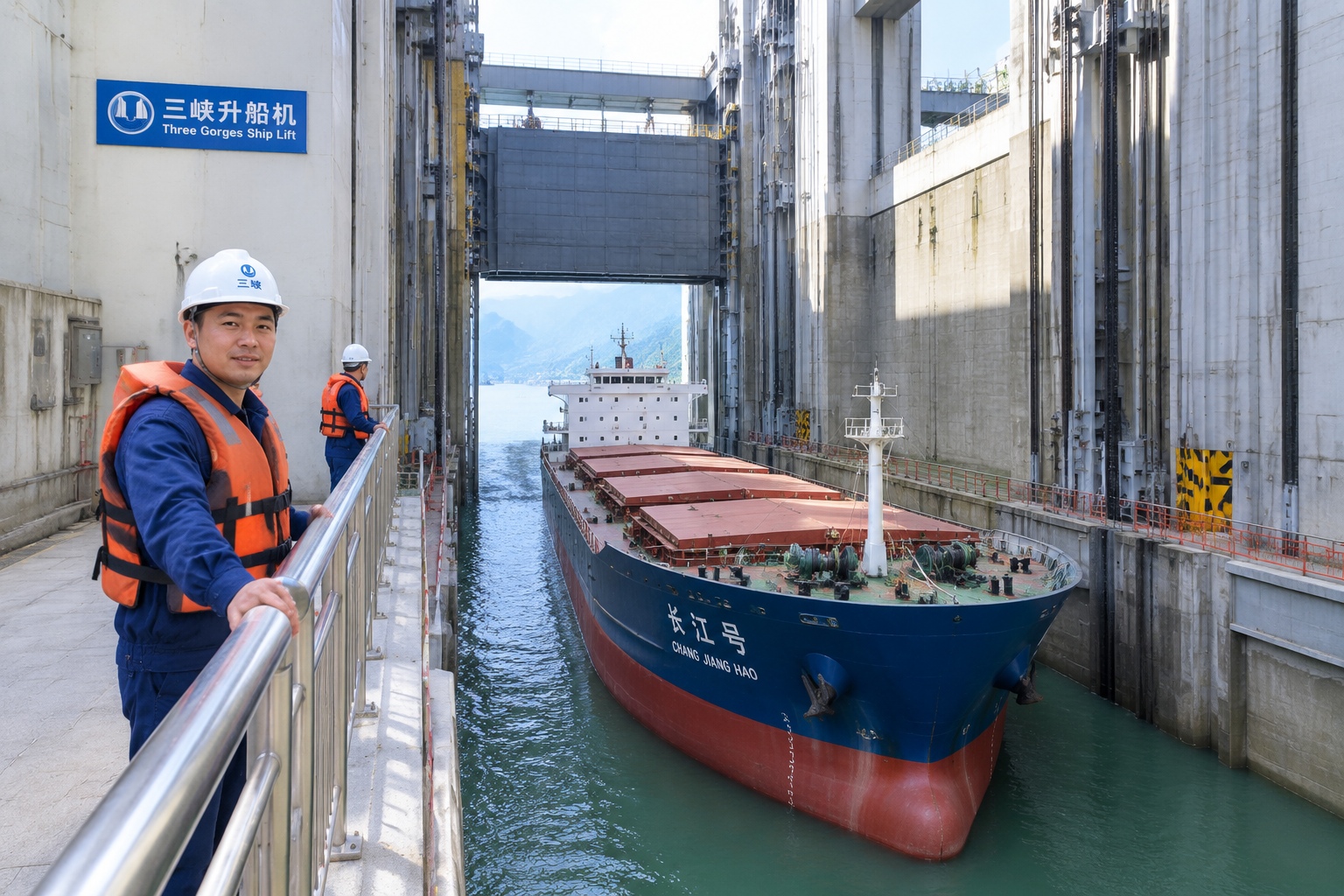 A cargo vessel inside the vertical ship lift at the Three Gorges Dam, which raises ships of up to 3,000 tonnes in about 40 minutes