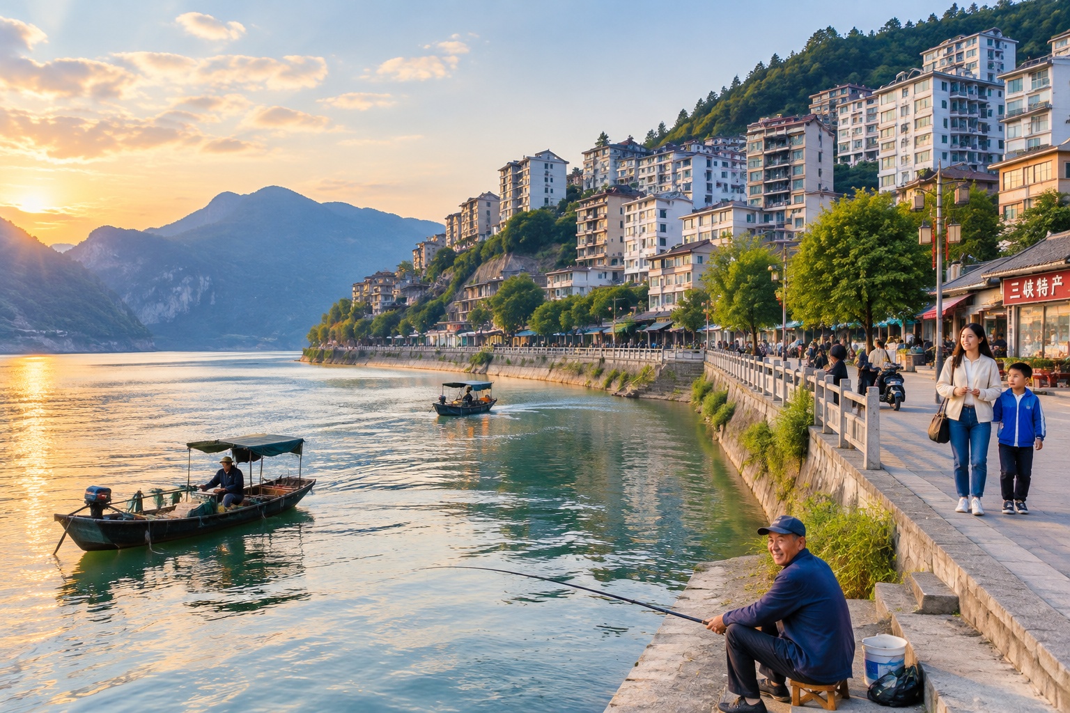 A rebuilt town on the shore of the Three Gorges reservoir where residents were resettled above the new waterline