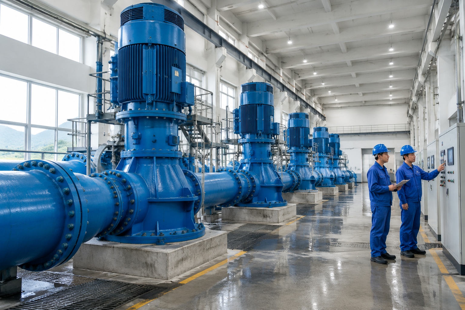 China’s South-to-North Water Diversion: How It Reaches 185 Million People 23 Technicians inspecting large pumps inside a Jiangdu-style pumping station on the eastern route of the South-to-North Water Diversion Project