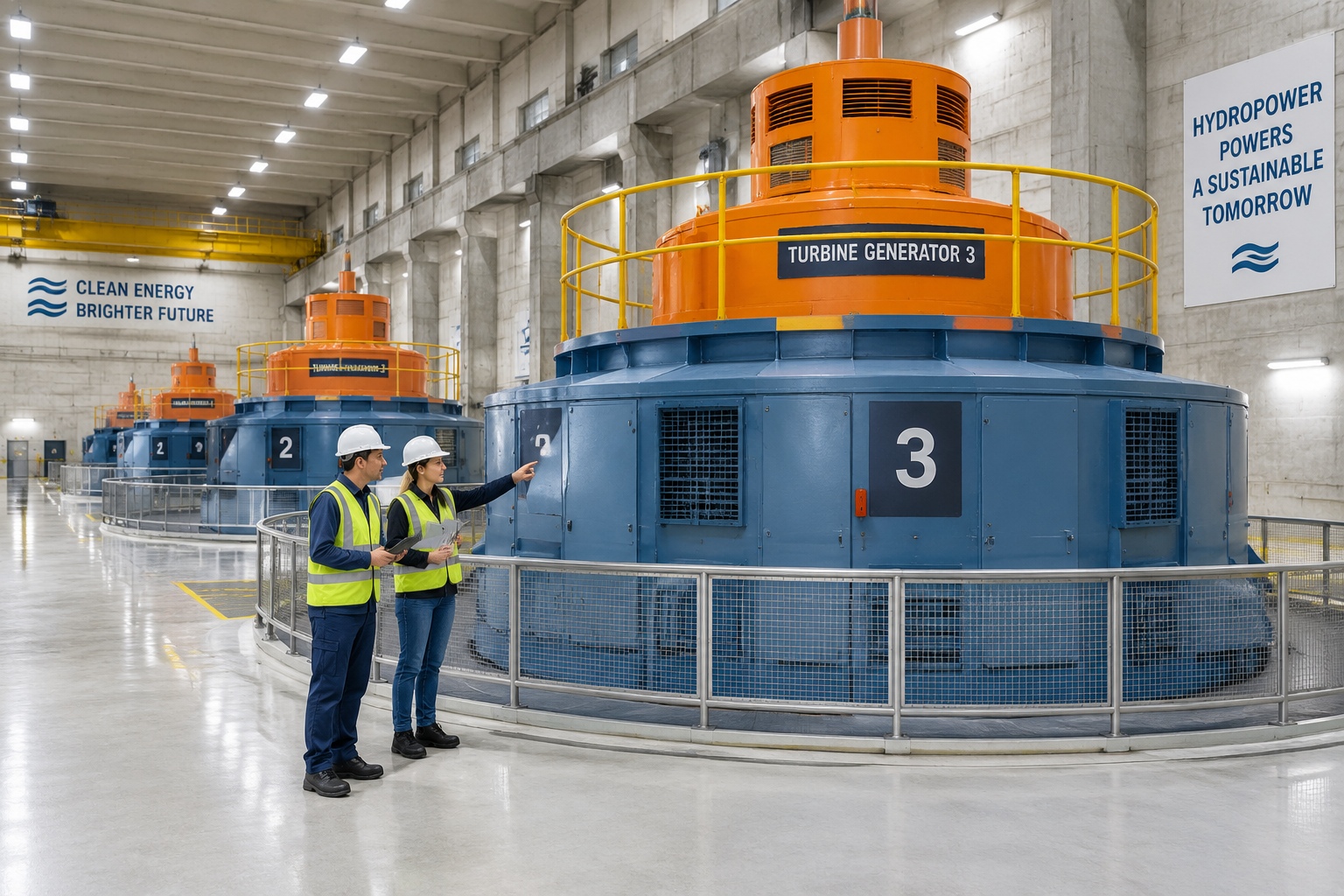 Engineers inspecting a 1,000-megawatt turbine generator inside the underground powerhouse of Baihetan Hydropower Station.