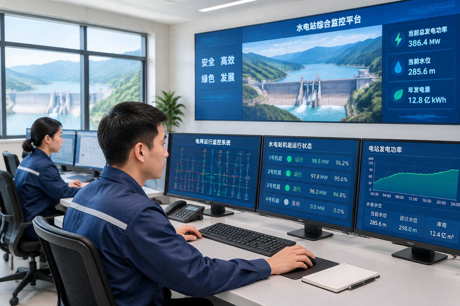 Operators monitoring the power grid and turbine status in the control room of Baihetan Hydropower Station.