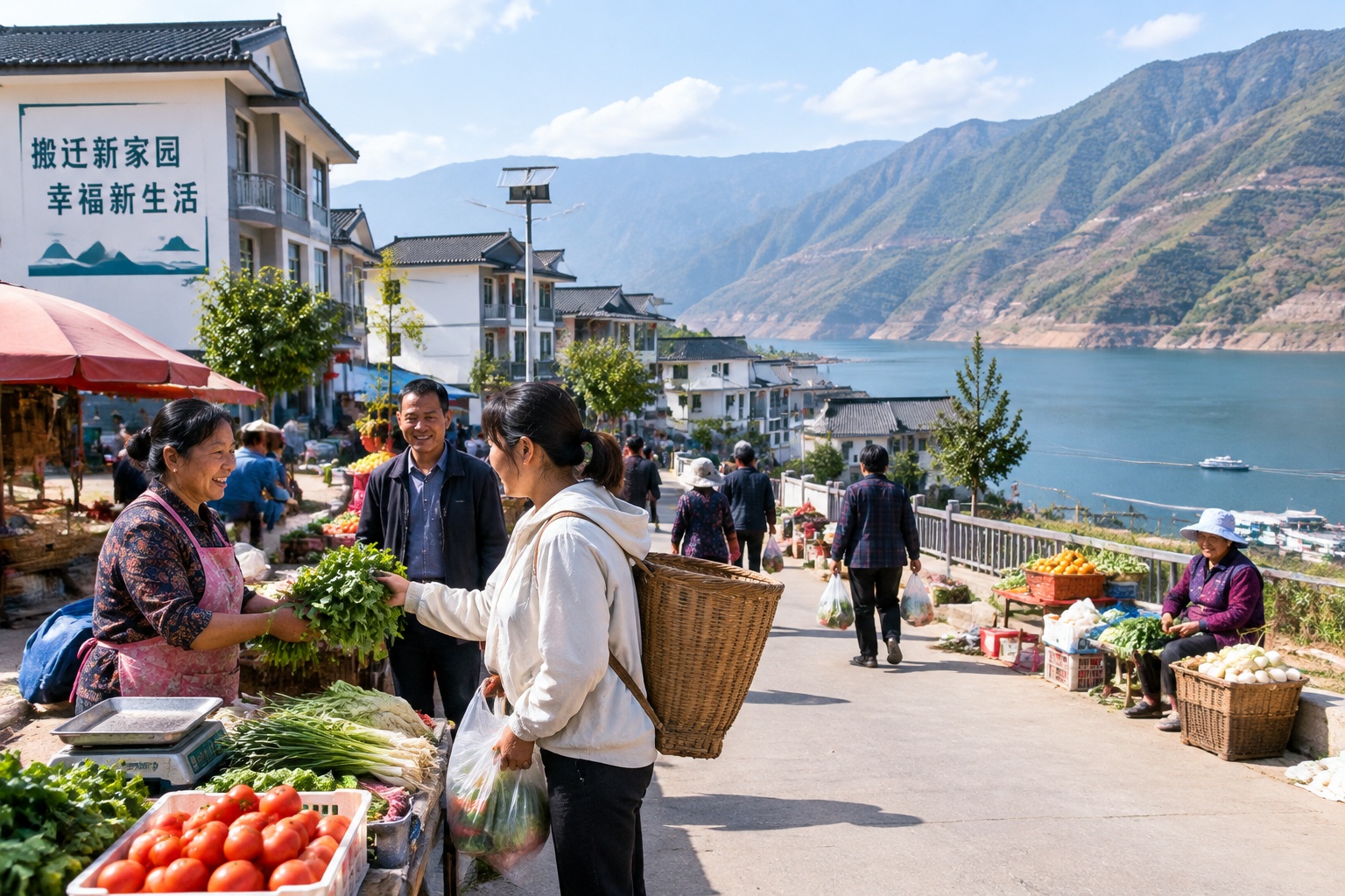 A resettlement town near the Baihetan reservoir, where relocated families have built new lives.