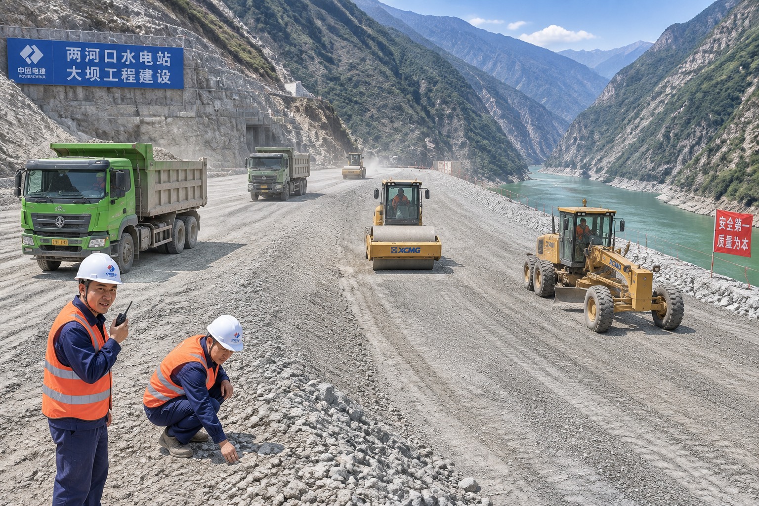 Dump trucks and road rollers compacting layers of gravelly soil on the Lianghekou rockfill dam construction site in a steep Sichuan river canyon