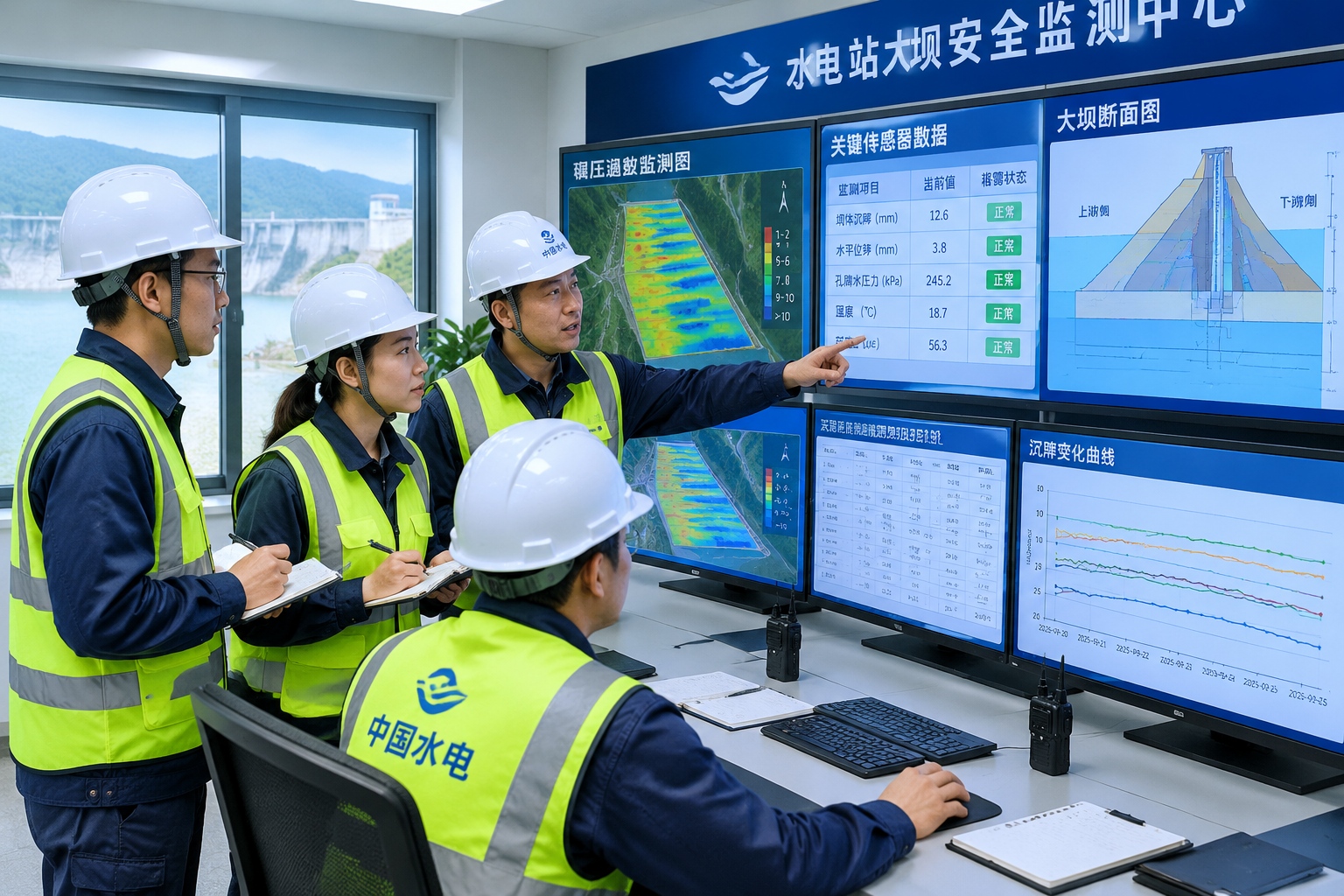 Engineers in hard hats reviewing real-time dam compaction and sensor data on large monitors inside the Lianghekou hydropower control room