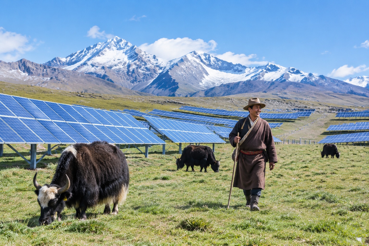 Yaks grazing between rows of solar panels at the Kela photovoltaic plant on the Tibetan Plateau at over 4,000 metres altitude