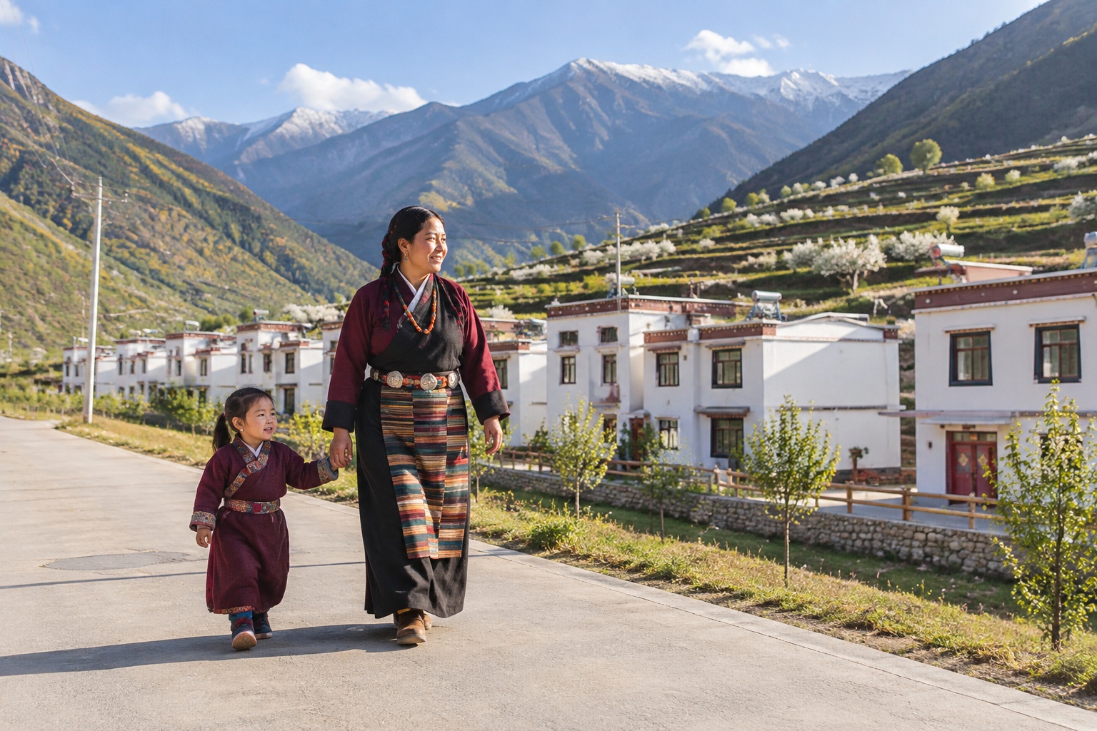 Newly built resettlement village with paved roads and power lines in a mountain valley in Yajiang County, western Sichuan
