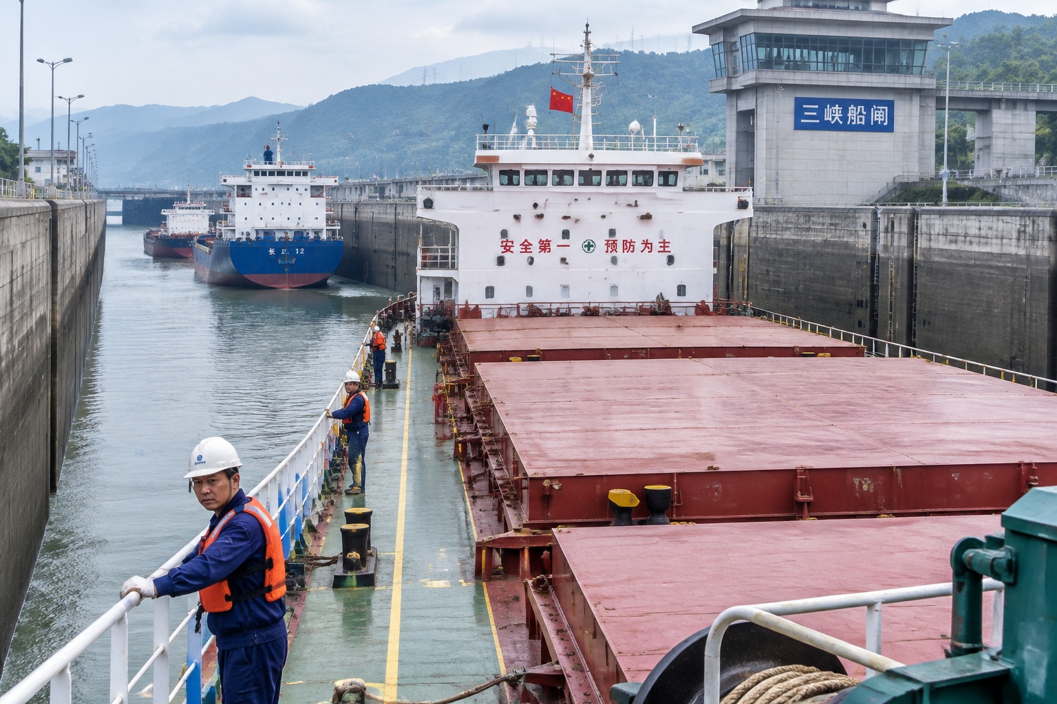 A cargo ship passing through the Three Gorges ship lock on the Yangtze River while other vessels wait nearby