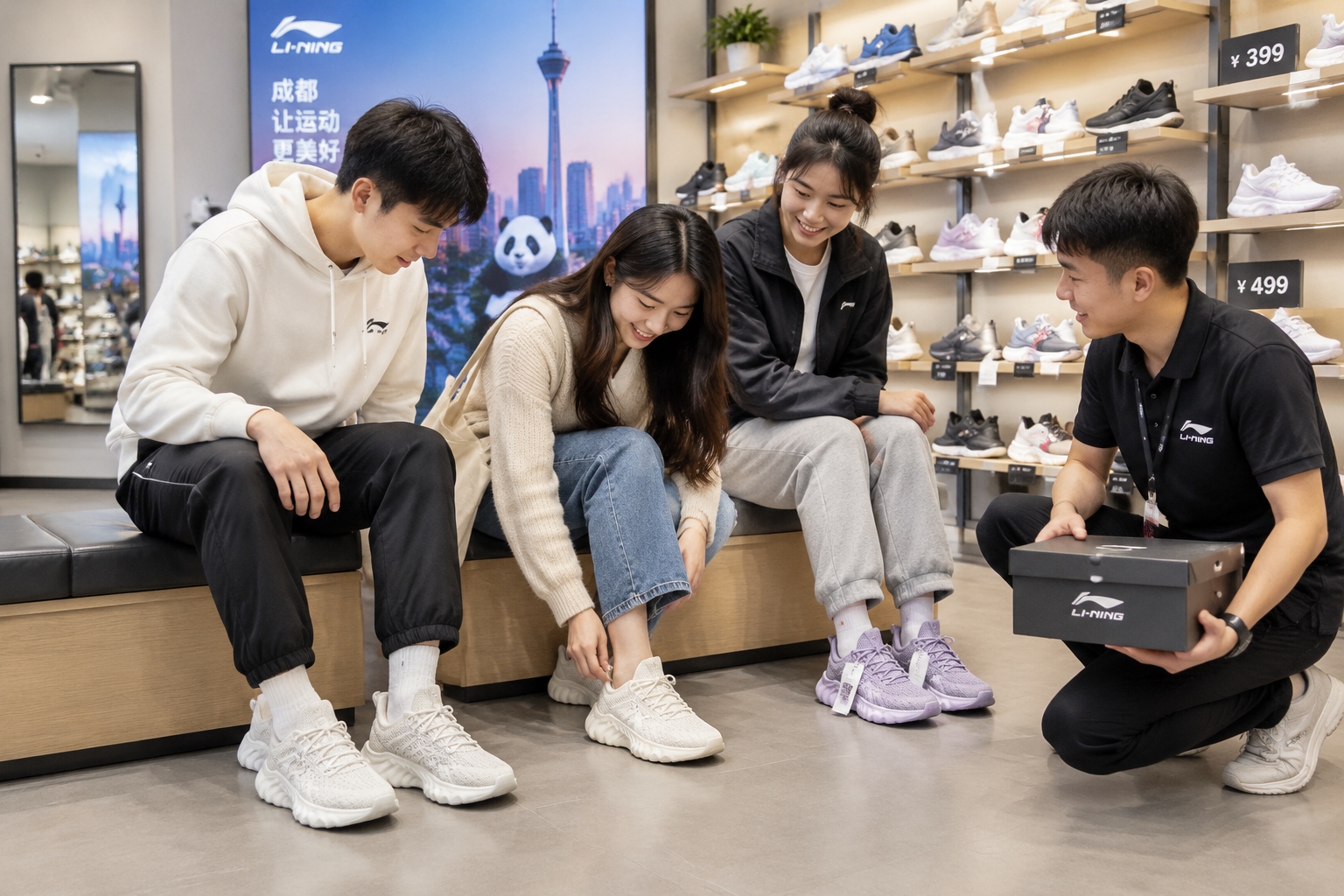 Anatomy of a 'Guochao' Sneaker: How a Chinese Brand Became a Collector's Item 22 Young Chinese shoppers trying on domestic sneakers inside a modern sportswear store in Chengdu, with a store assistant helping and shelves of shoes behind them.