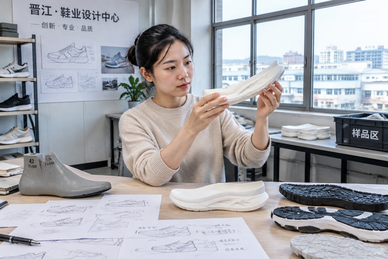 Anatomy of a 'Guochao' Sneaker: How a Chinese Brand Became a Collector's Item 23 A young shoe designer holding a foam midsole prototype at a worktable covered with sketches and outsoles in a factory sample room in Jinjiang, Fujian.