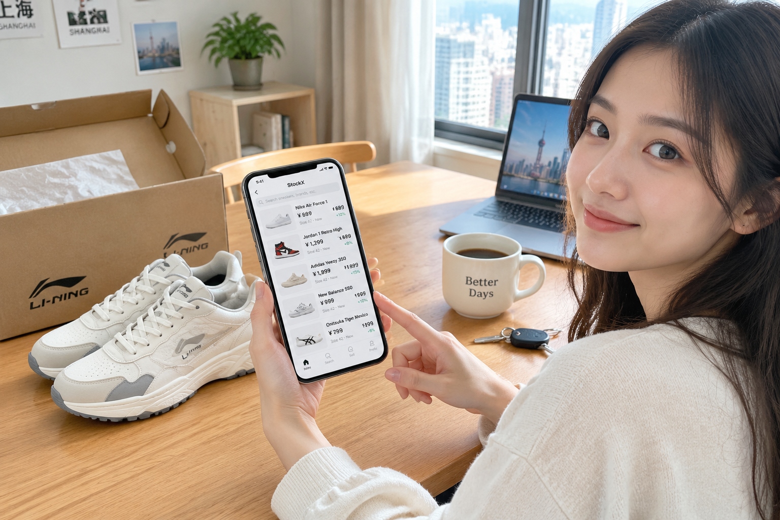Anatomy of a 'Guochao' Sneaker: How a Chinese Brand Became a Collector's Item 24 A hand holding a phone showing sneaker resale app listings next to an open shoe box and a pair of Chinese sneakers on a table in a Shanghai apartment.