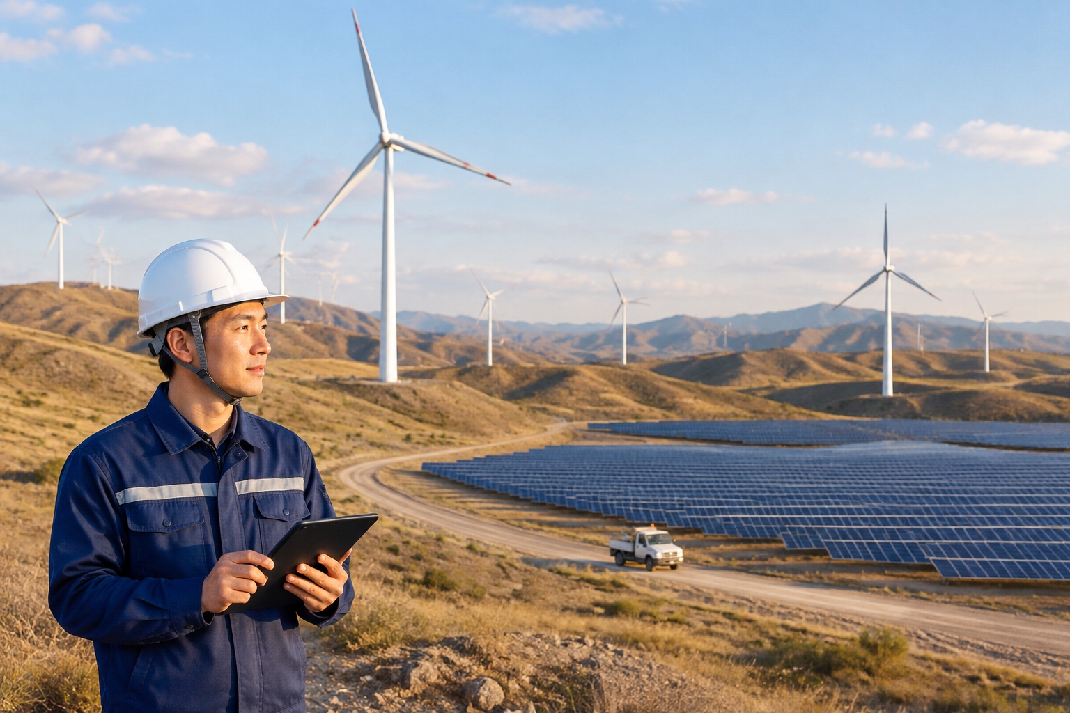 Wind turbines and ground-mounted solar panels stand on dry hills in eastern Gansu, China, where large wind and solar bases are built far from the cities that use the power.