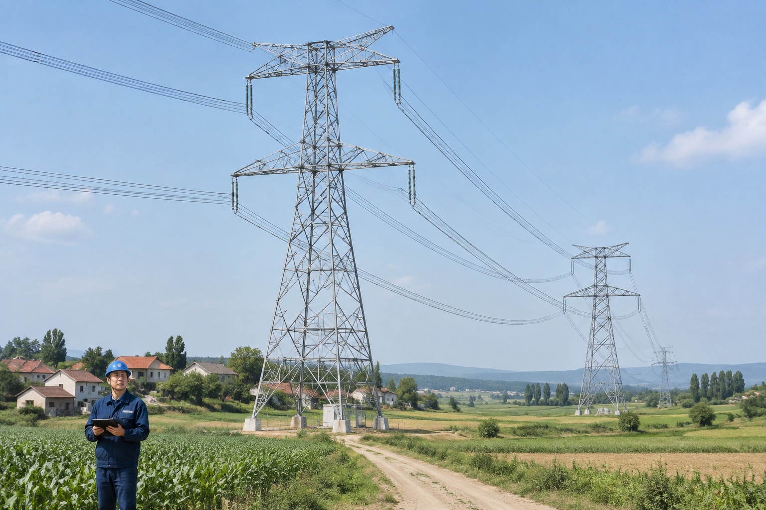 Tall ultra-high-voltage transmission towers carrying bundled conductors across farmland in northern China, part of the long-distance lines that move western electricity eastward.