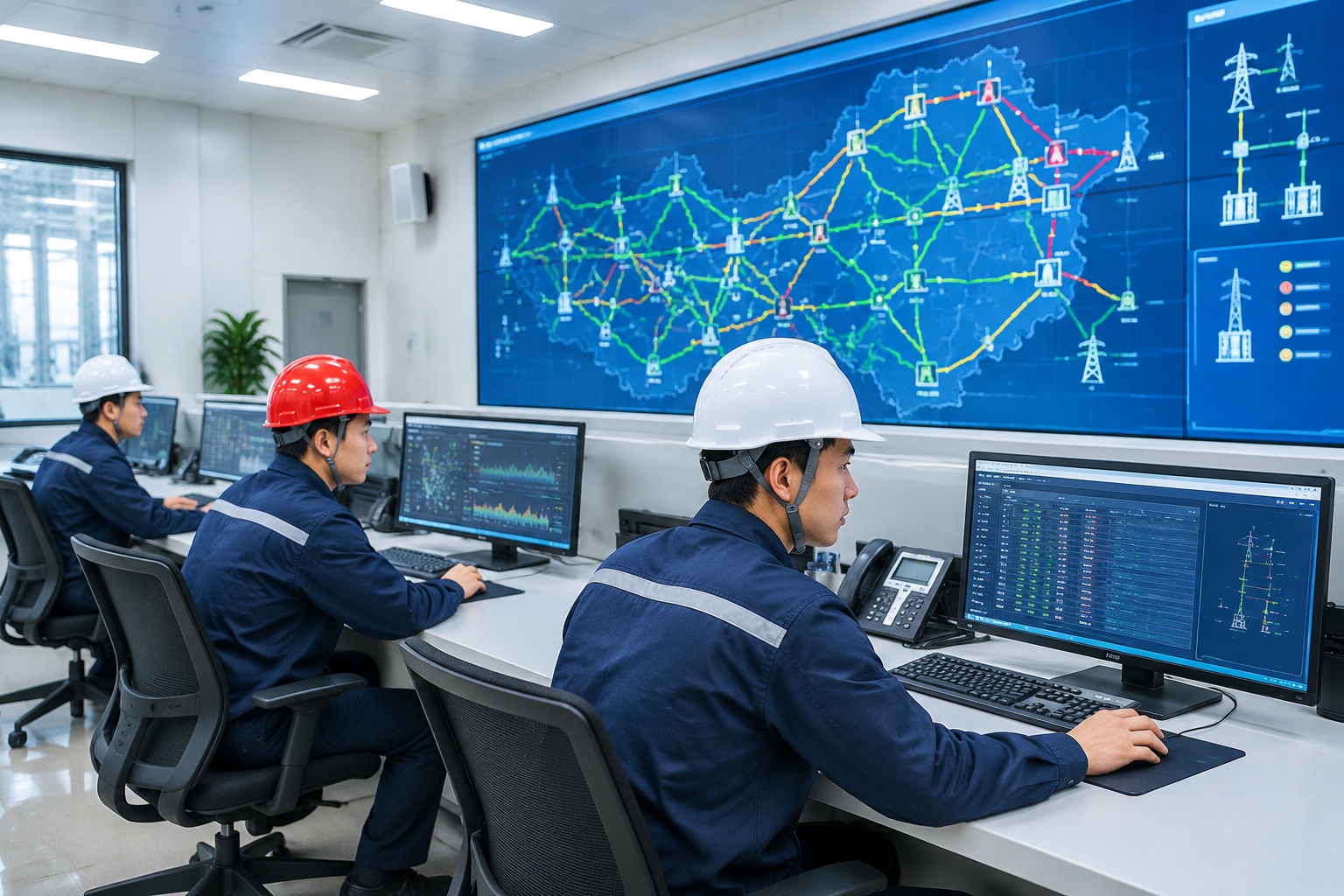 Engineers monitor grid data in the control room of a converter station, where alternating current from the western grid is converted to direct current for long-distance transmission.