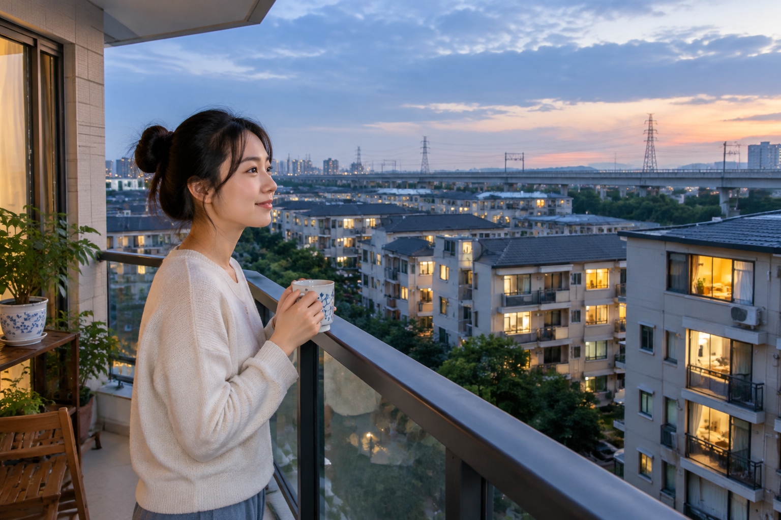Apartment windows light up at dusk in a Chinese city while transmission lines cross the horizon, illustrating how imported western electricity reaches ordinary homes in the east.