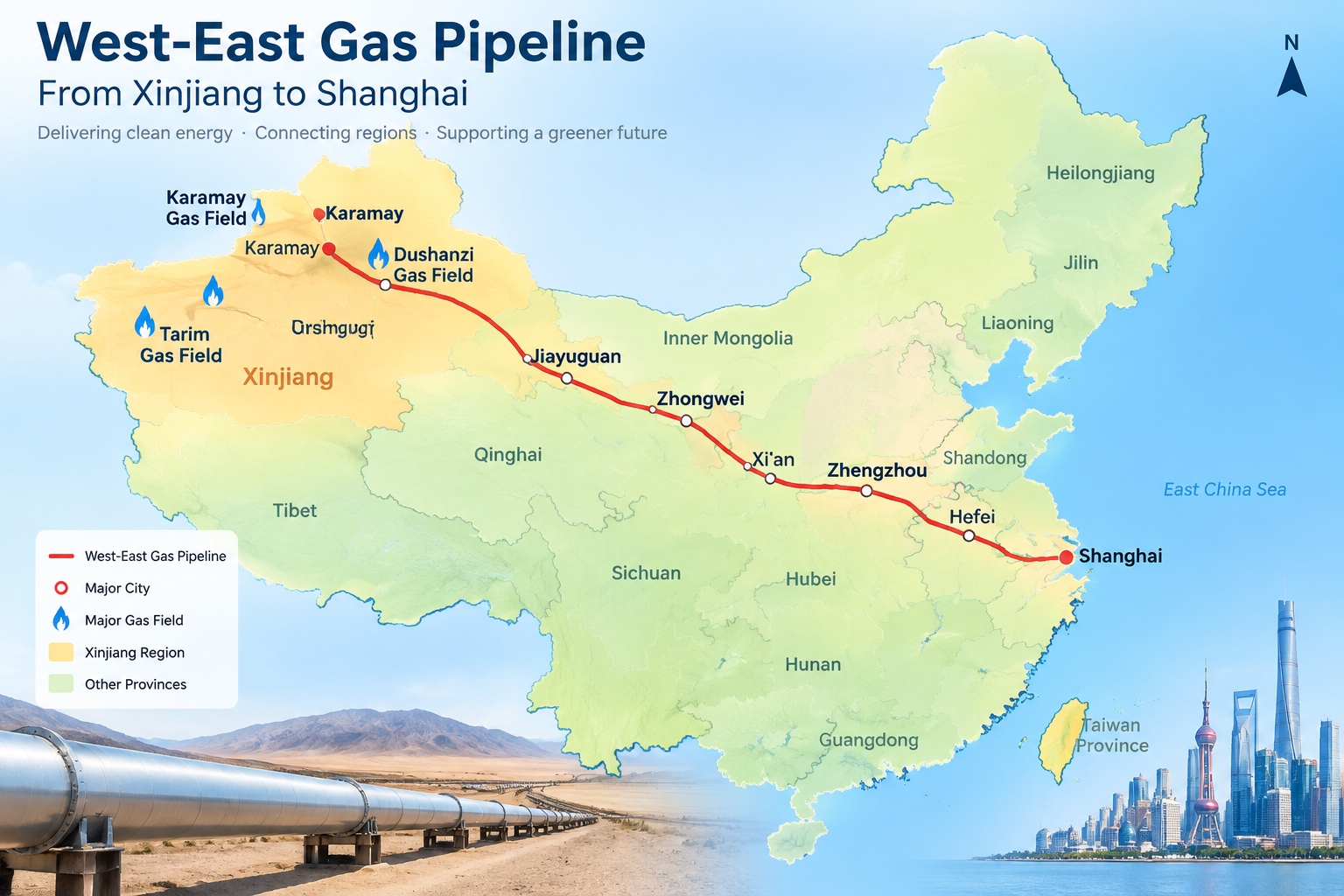 Map of the West-East Gas Pipeline route from Xinjiang to Shanghai, showing major cities and gas fields along the way.