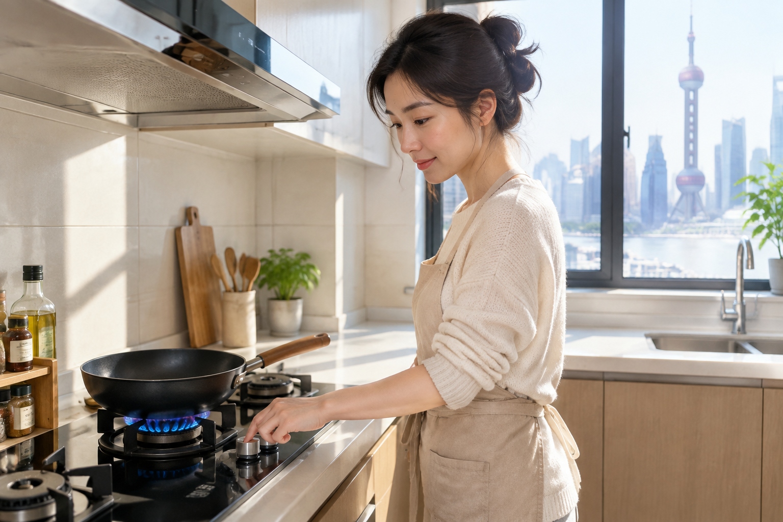 A woman cooking in a modern Shanghai kitchen with a blue gas flame on the stove.