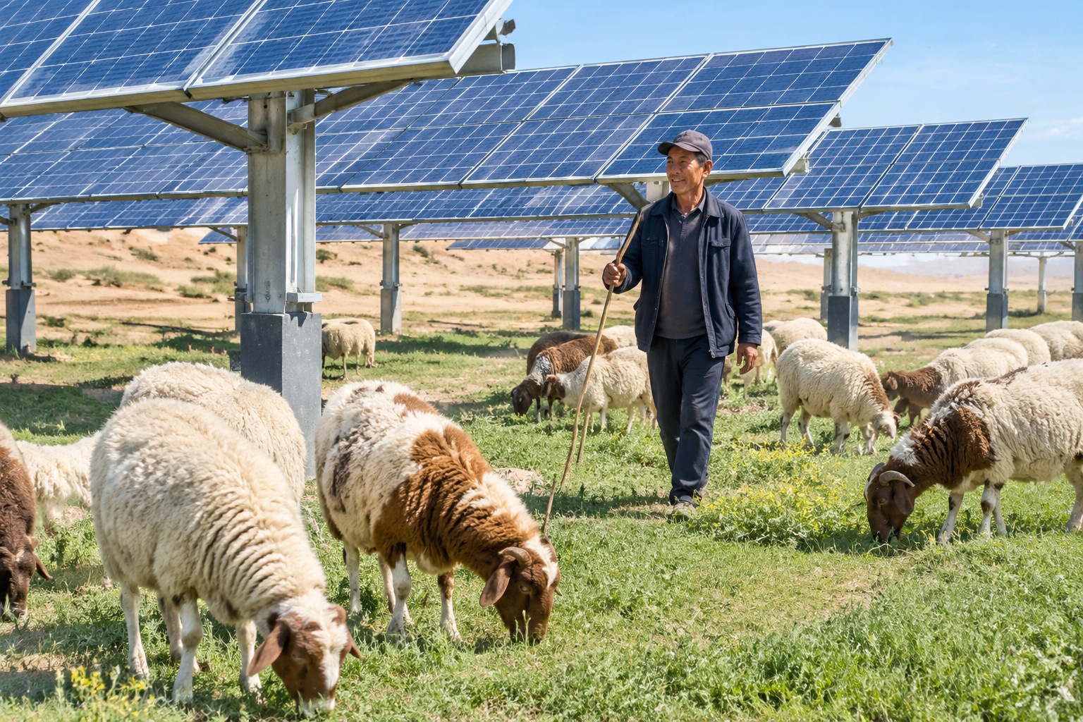 Sheep grazing on grass beneath rows of elevated solar panels at a desert solar farm in China while a herder walks between the panel supports.