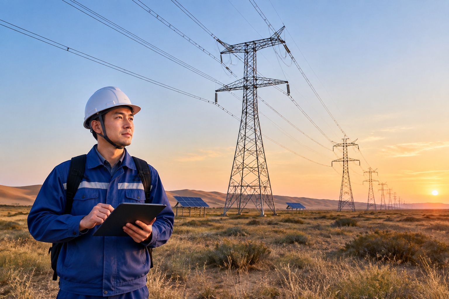 Tall steel towers carrying ultra-high-voltage transmission lines across dry grassland on the edge of a desert in Inner Mongolia, sending power from wind and solar bases to eastern China.