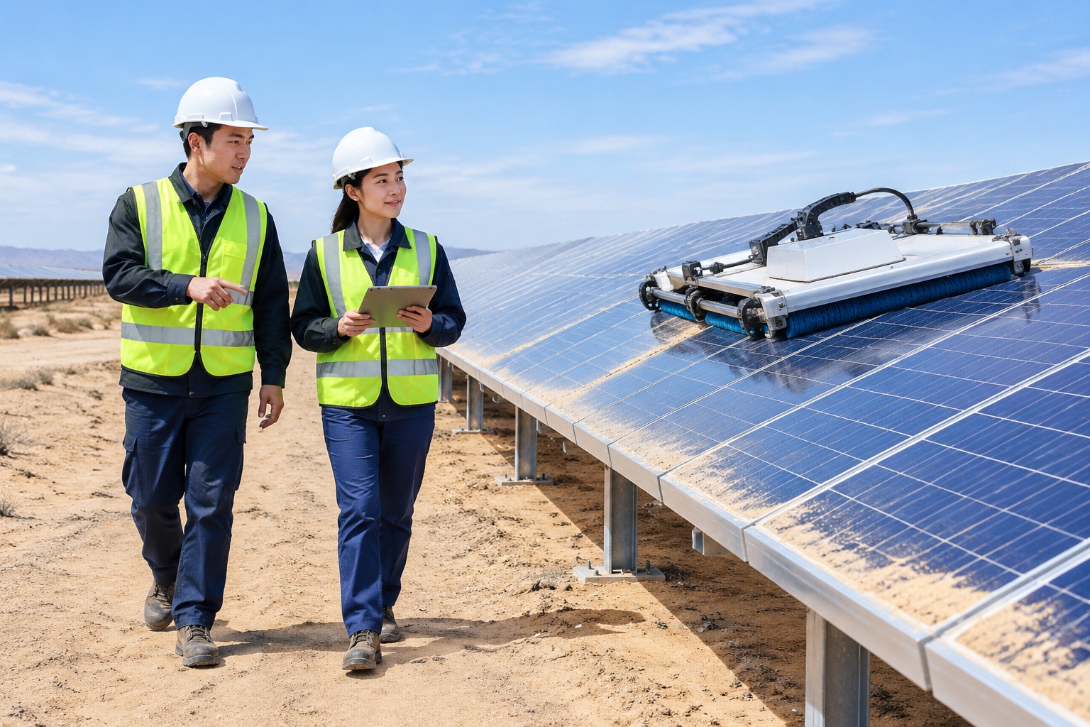 Two technicians in hard hats and safety vests inspecting solar panels in a desert array in China, with a robotic dry-cleaning device on the panel row.
