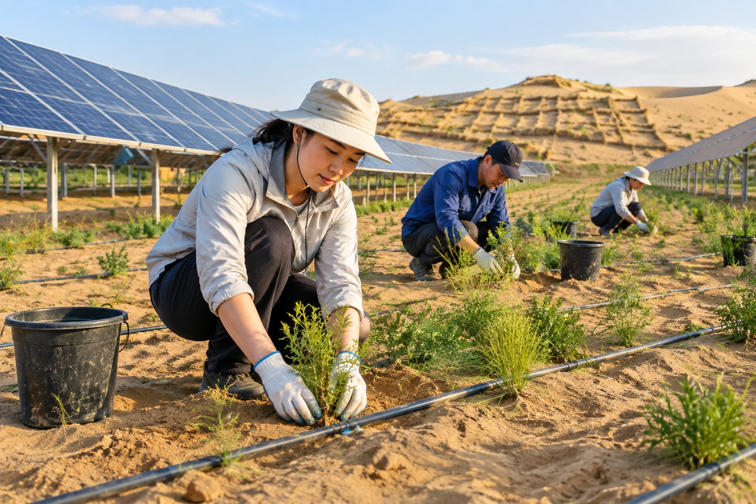 Workers planting sand-binding shrubs and grass between rows of solar panels in a desert reclamation project in Inner Mongolia, with straw sand barriers on nearby dunes.