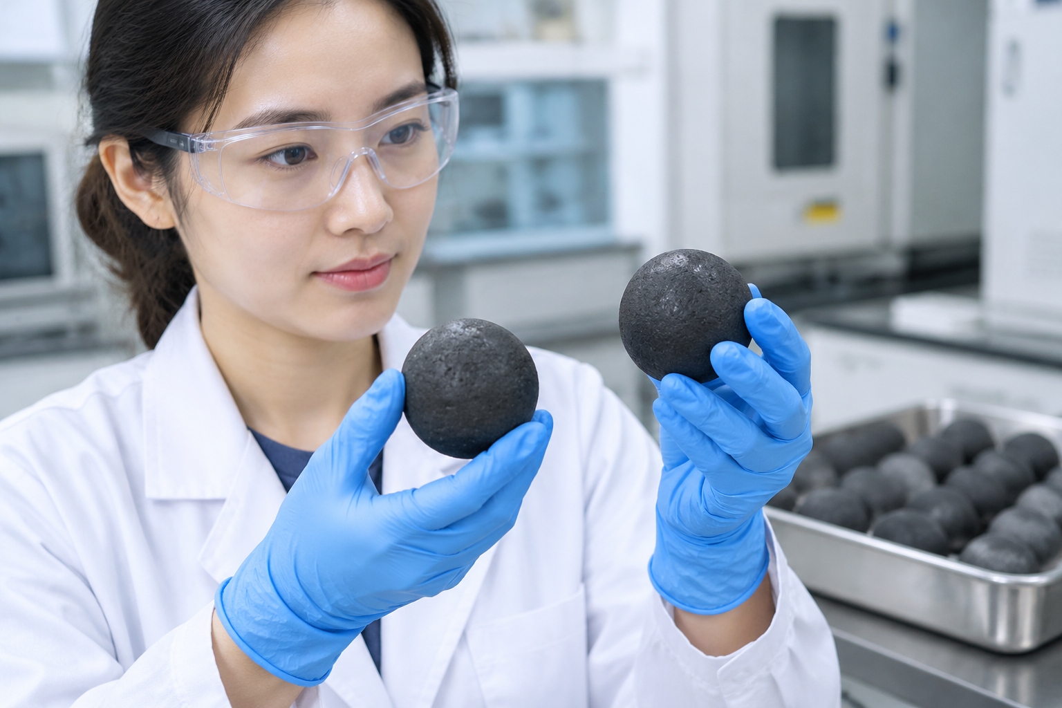 A researcher holding graphite pebble fuel spheres used in the HTR-PM high-temperature gas-cooled reactor in China