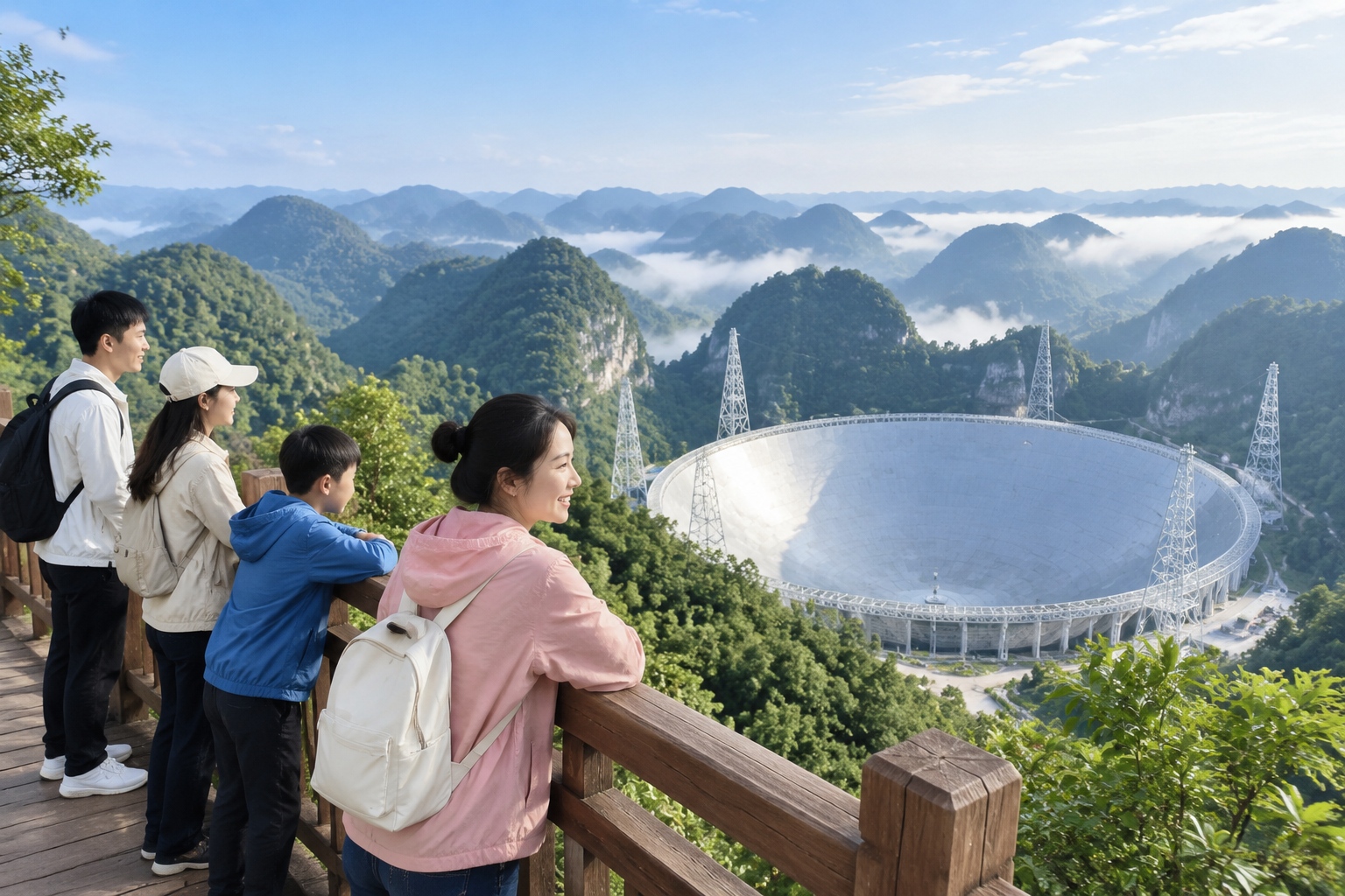 FAST: The World's Largest Radio Telescope Listening to the Edge of the Universe 22 Visitors on a wooden viewing platform in Guizhou looking down at the 500-meter FAST radio telescope dish in the valley below