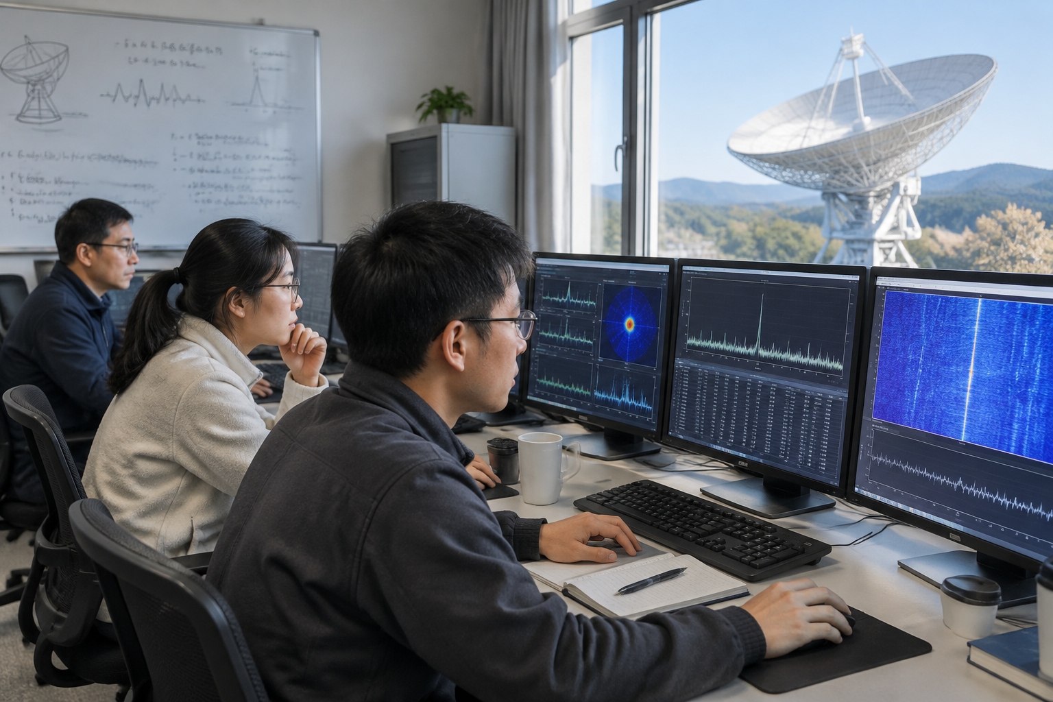 FAST: The World's Largest Radio Telescope Listening to the Edge of the Universe 23 Engineers in a dim control room monitoring signal waveforms and pulsar data from the FAST radio telescope