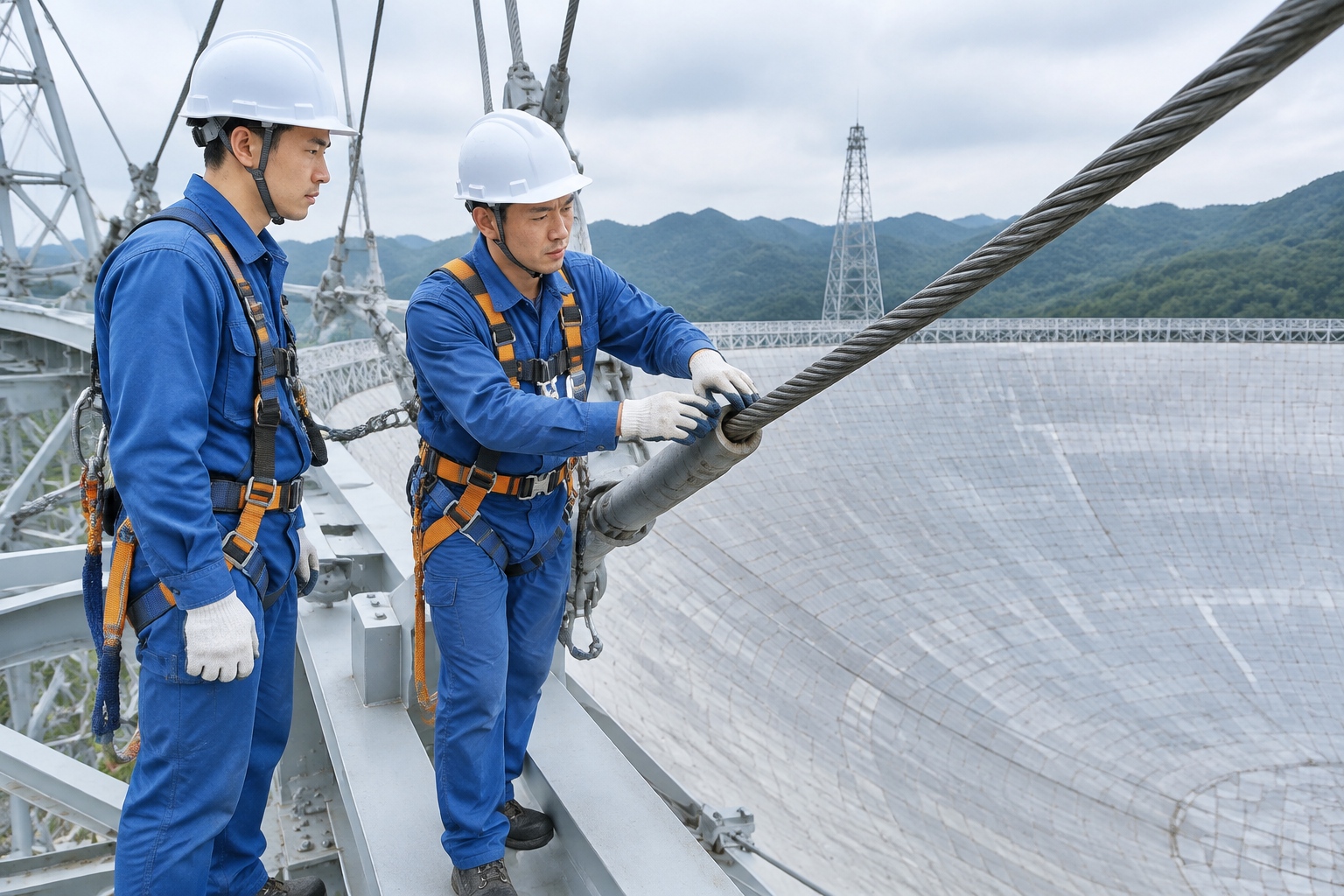 FAST: The World's Largest Radio Telescope Listening to the Edge of the Universe 24 Maintenance engineers in hard hats and harnesses inspecting cables on the steel ring beam of the FAST radio telescope
