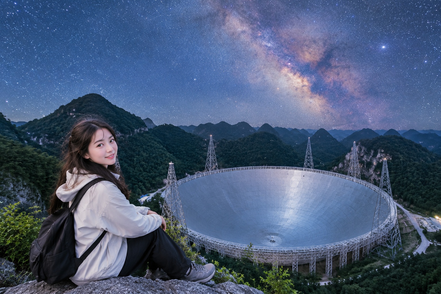 FAST: The World's Largest Radio Telescope Listening to the Edge of the Universe 25 The FAST radio telescope dish in Guizhou under a starry Milky Way night sky