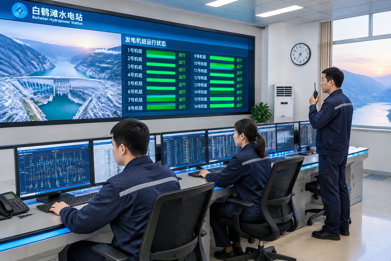 Operators at the control room of the Baihetan hydropower station in China watch a wall display showing sixteen generating units running at dawn.