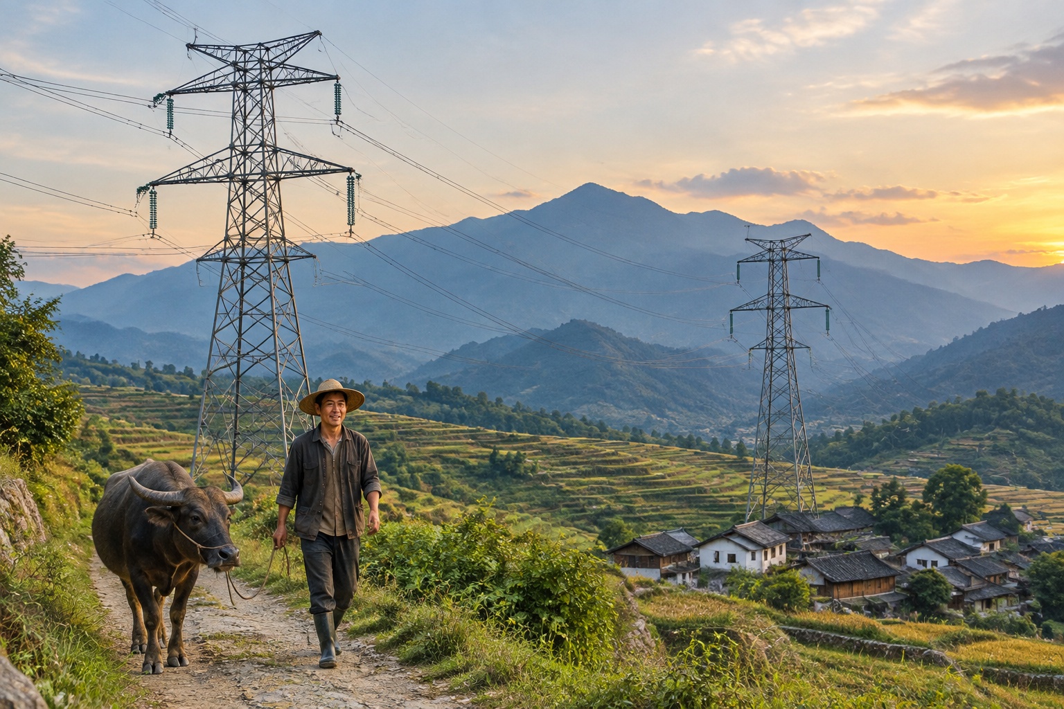 Ultra-high-voltage power lines crossing terraced farmland in western China at dusk, with a small village below the pylons.