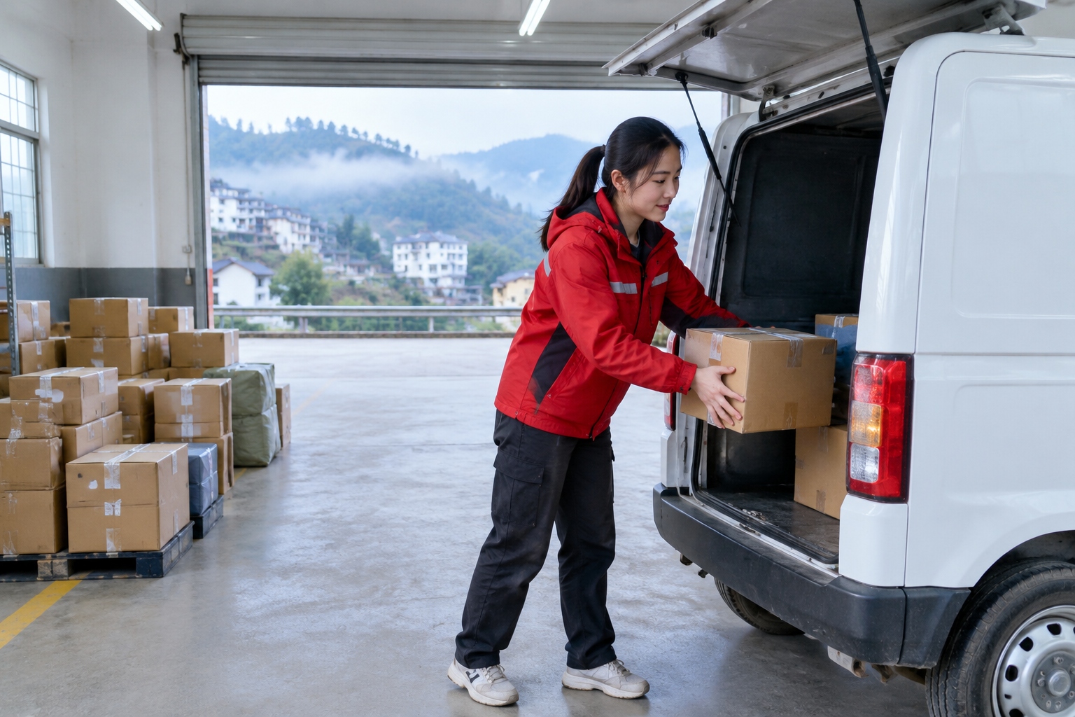 A courier loads parcels into an electric delivery van at an early-morning sorting station in Zunyi, Guizhou.
